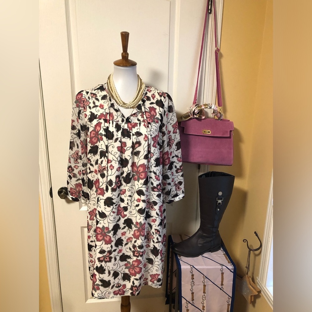 LOFT Cream Floral lousse Midi Dress with neck ties